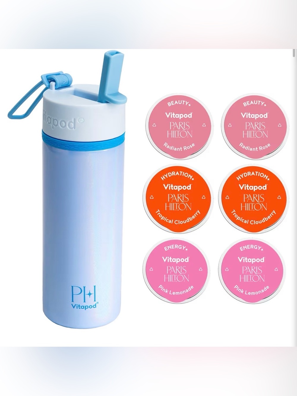 Paris Hilton Blue & White Vitapod Water Bottle with Straw Lid